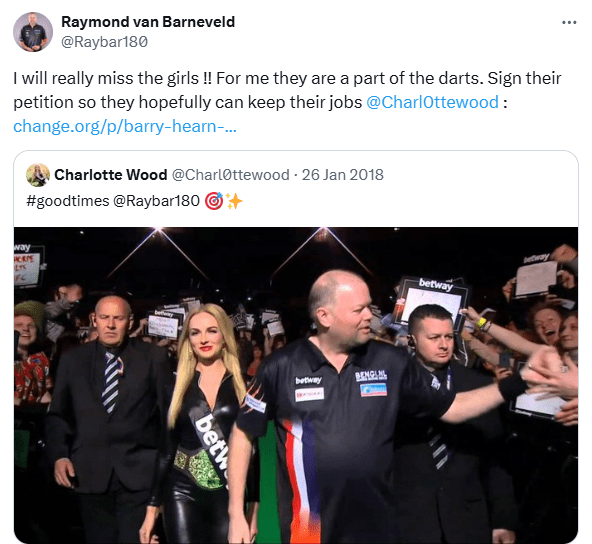 Van Barneveld supported an online petition to reinstate walk-on girls